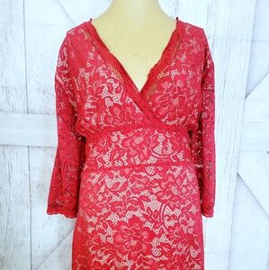 NWT Elegant Red Lace Dress, Faux Wrap Dress, Plus Size V-neck Midi Dress